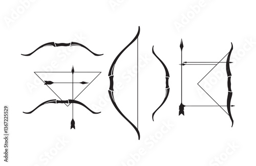 Traditional archery silhouette illustrations showing different bows and arrows for vintage design or tattoo ideas