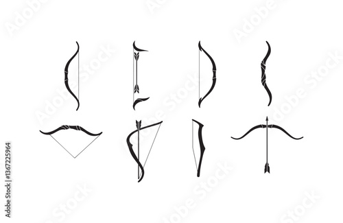 Bows and arrows vector silhouettes for tribal war posters, fantasy games, survival designs, and archery guides