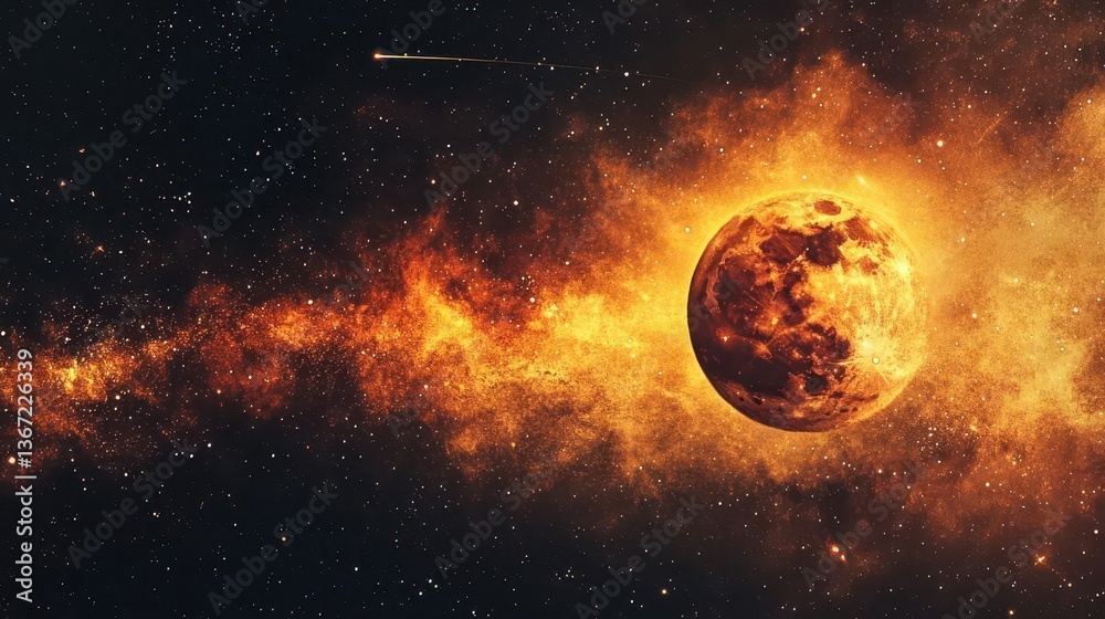 Radiant Celestial Planet Surrounded by Fiery Nebulae and Stars in a Dark Cosmic Background Radiant Celestial Planet Surrounded by Fiery Nebulae and Stars in a Dark Cosmic Background