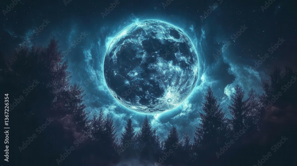 Illuminated Full Moon Surrounded by Ethereal Clouds and Silhouetted Forest in Night Sky Illuminated Full Moon Surrounded by Ethereal Clouds and Silhouetted Forest in Night Sky