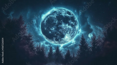 Illuminated Full Moon Surrounded by Ethereal Clouds and Silhouetted Forest in Night Sky
