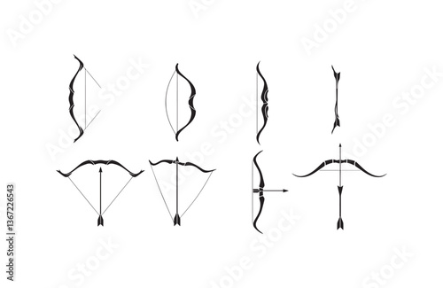 Bow and arrow silhouettes in hand-crafted vector style for use in medieval-themed art, combat illustrations, and logos