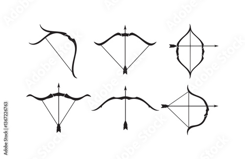Archery silhouette collection including arrow-ready traditional bows perfect for outdoor adventure and fantasy design