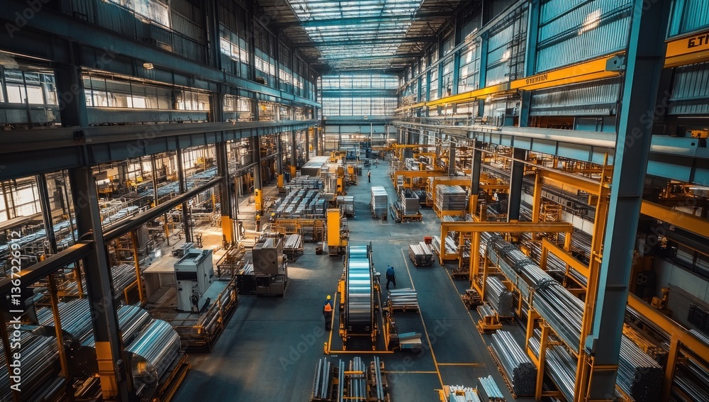 Fototapeta premium inside a vast industrial manufacturing facility showcasing advanced machinery production lines and logistical efficiency under a bright skylight structure