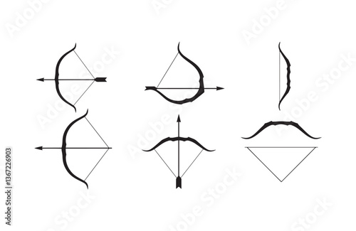 Hunting and survival equipment black silhouettes of archery bows and arrows on isolated white background for graphic use
