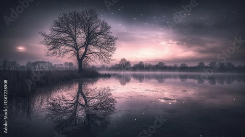 Lonely Tree Reflected in Calm Water under a Starry Night Sky with Soft Moonlight in the Background