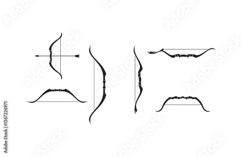 Minimalist black silhouettes of tribal hunting bows and arrows arranged in clean vector set for designers and illustrators
