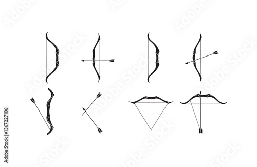Medieval and ancient bow silhouettes with arrow illustrations for combat graphics, gaming UI, or historical vector design