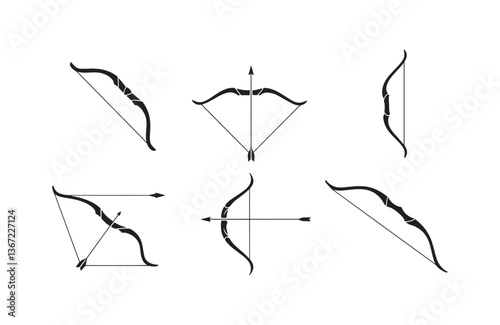 Archery bows and arrows in bold black silhouettes featuring diverse styles from longbow to fantasy curves for stock usage