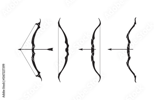 Hunting and war-themed black vector silhouette icons of curved and straight bows and arrows for digital use in games or graphics