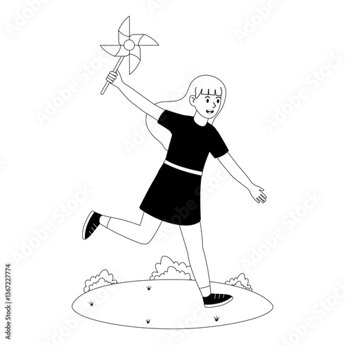 Girl happily running outdoors while holding a colorful pinwheel on a sunny day