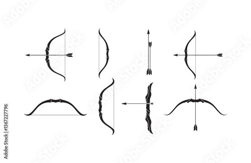 Flat vector pack of traditional bows with arrows in silhouette design ideal for tribal motifs, medieval warfare, and vintage outdoor weapon illustrations