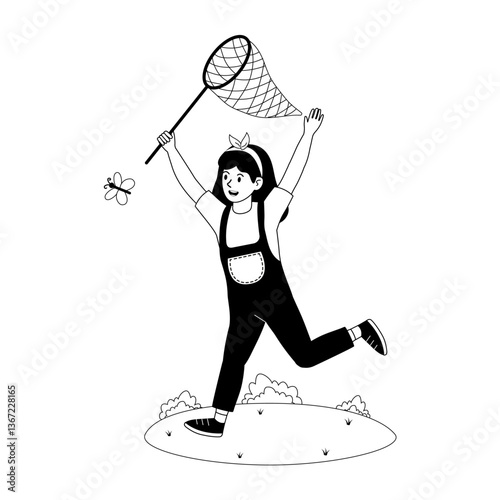Child happily chasing a butterfly with a net in a sunny garden during the afternoon