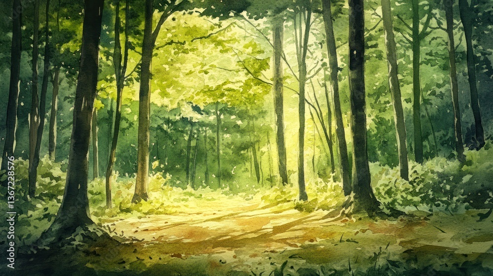 Obraz premium Watercolor Forest Path Sunlight, Lush Trees, Peaceful Scenery, Stock Photo
