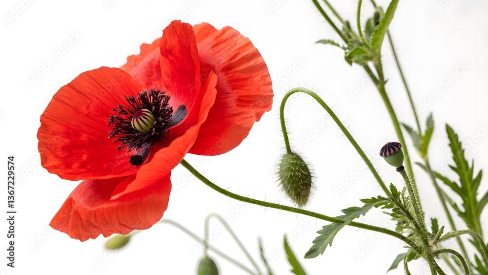 Obraz premium Field Poppy with Bright Red Petals and a Black Center, Isolated on a White Background, symbolizing remembrance and resilience, High-Quality Nature-Inspired Stock Image