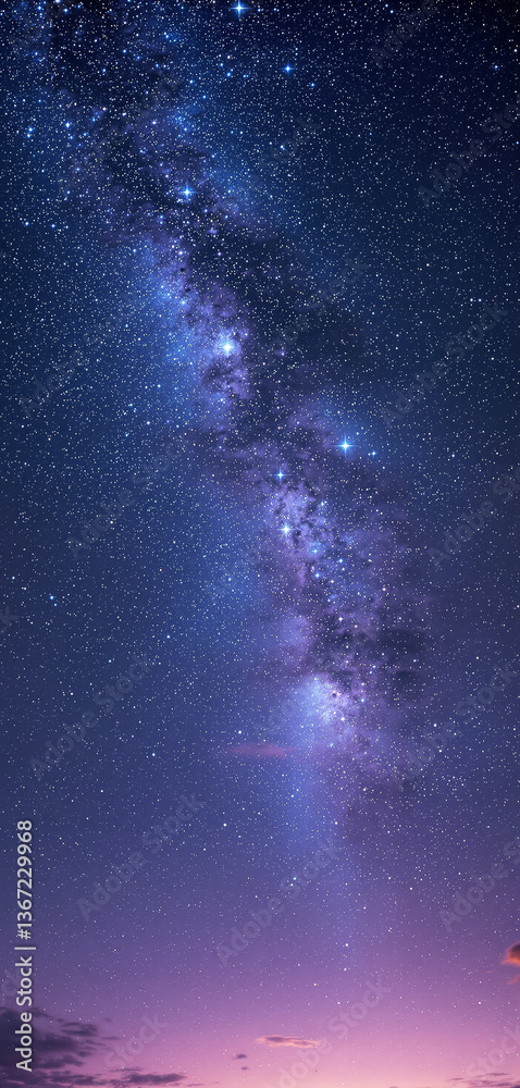Obraz premium Night sky with the Milky Way galaxy and countless stars, transitioning into a bright twilight purple and pink horizon. A perfect nature phone wallpaper. Ai generative