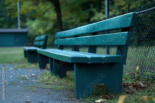 Wooden bench in a quiet park surrounded by trees and grass photo