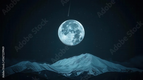 Illuminated Full Moon Over Snow-Capped Mountains Under Starry Night Sky