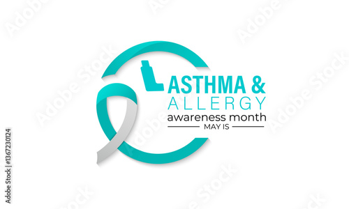 Vector graphic of the theme of asthma and allergy awareness month background design template. Wheezing, coughing, allergic reactions. Realistic ribbon, Stethoscope with Inhalers. Web Banner.