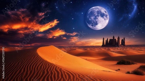 Majestic Desert Landscape Under Full Moon with Ancient Castle at Sunset and Starry Sky