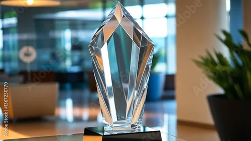 Elegant Crystal Award on Tabletop with Blurred Background Reflecting Business Success