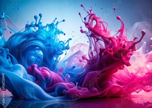 Abstract Pink Blue Liquid Collision Double Exposure Stock Photo