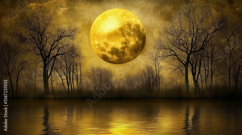 Golden Moonlight Reflecting on Calm Water Surrounded by Trees in a Serene Night Landscape
