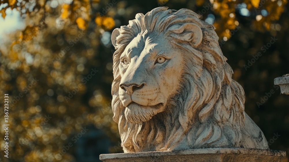 Stone lion statue outdoors, autumn park background Stone lion statue outdoors, autumn park background