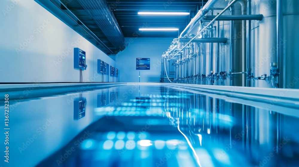An AI powered water purification system monitoring water quality in a sustainable, high-tech facility, ensuring safe drinking water An AI powered water purification system monitoring water quality in a sustainable, high-tech facility, ensuring safe drinking water