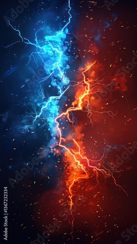 Dual Fiery and Icy Lightning Strike Abstract Background
