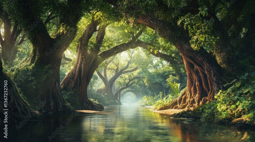 Fototapeta premium Serene tropical river scenery with old growth trees, and sunlight in a jungle
