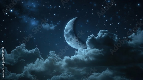 Luminous Crescent Moon Surrounded by Soft Clouds Shimmering Under a Starry Night Sky