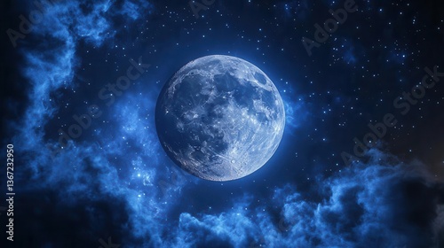Majestic Full Moon Illuminating Starry Sky Surrounded by Soft Clouds at Night