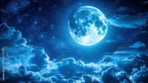 Large, Glowing Moon Illuminating a Starry Night Sky Filled with Dramatic Clouds and Serenity