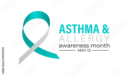 Vector graphic of the theme of asthma and allergy awareness month background design template. Wheezing, coughing, allergic reactions. Realistic ribbon, Stethoscope with Inhalers. Web Banner.