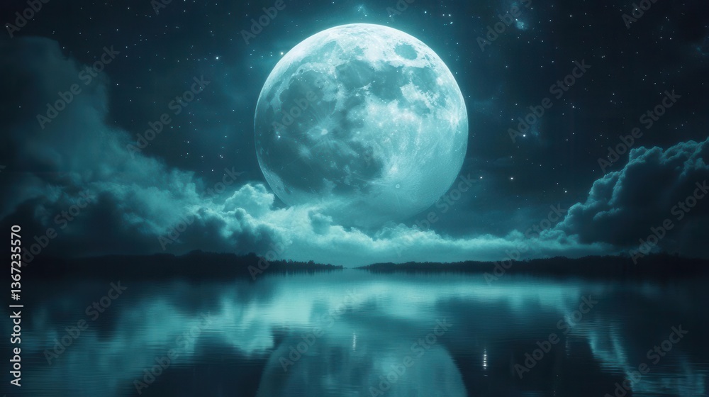 Fototapeta premium Illuminated Full Moon Over Tranquil Water With Reflections and Surrounding Clouds at Night