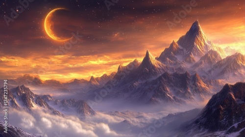 Majestic Mountain Landscape Under a Glowing Crescent Moon at Sunset in a Tranquil Valley