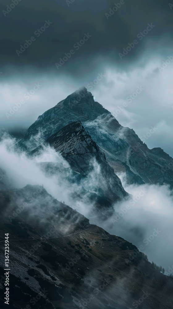 Stormy sky over the sea with clouds, mountains, and icy landscape Stormy sky over the sea with clouds, mountains, and icy landscape