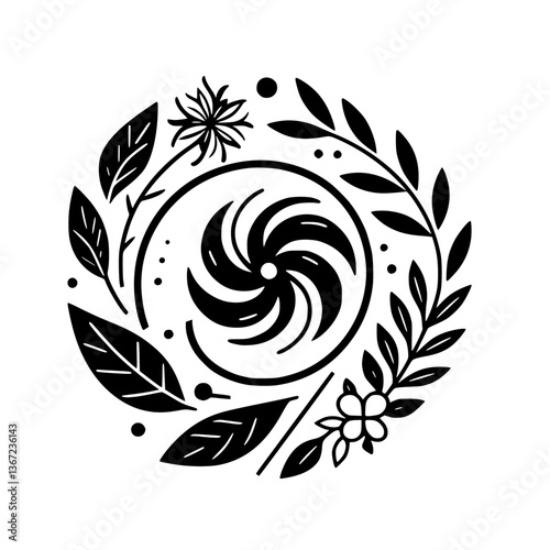 Floral Whirl: Black & White Botanical Mandala