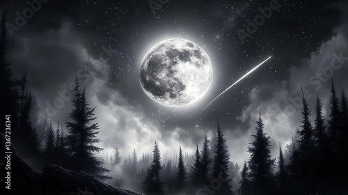 Stunning Night Sky Under Bright Moon with Shooting Star Above Dark Pine Forest and Clouds
