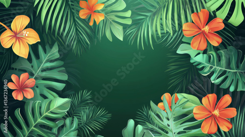 Tropical jungle foliage with vibrant flowers and greenery
