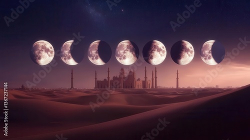 Lunar Phases Over Desert Landscape with Architectural Wonders Under a Starlit Sky