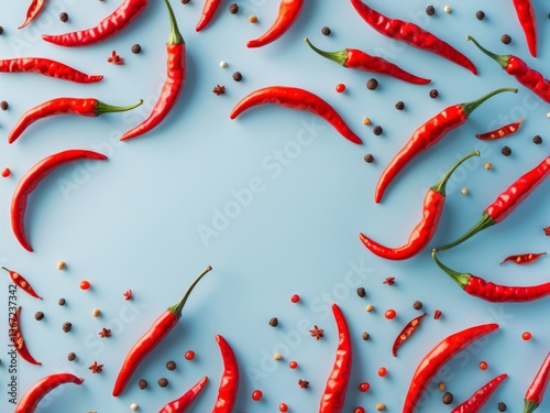 Fresh red chilies and mixed peppercorns arranged on a light blue background for culinary inspiration and spice enthusiasts