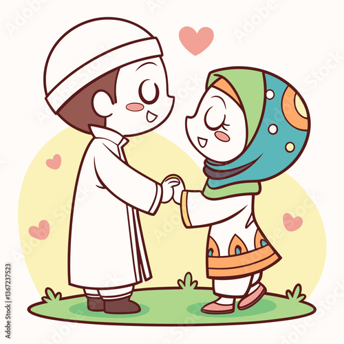 Cute man and women muslim character couple of islamic character cartoon