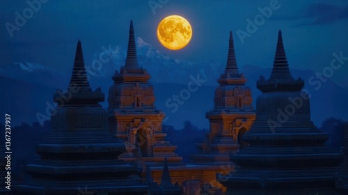 Majestic Ancient Temples Under a Full Moon with Snow-Capped Mountains in the Distance at Night