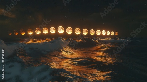 Stunning Ocean Landscape at Night with Illuminated Moon Phases Reflecting on Water Surface