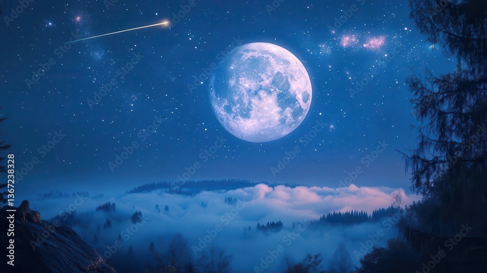 Stunning View of a Full Moon with Starry Sky Over Foggy Hills at Night Stunning View of a Full Moon with Starry Sky Over Foggy Hills at Night
