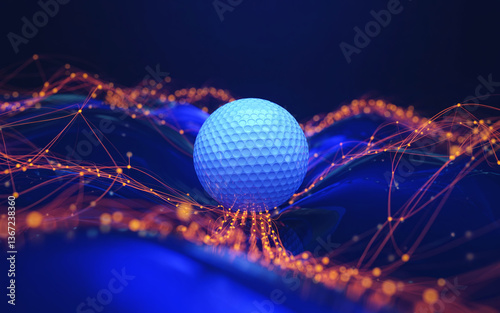 Futuristic golfing design showcasing a luminous golf ball integrated with complex digital network lines, suggesting connectivity, innovation, and technological advancement in sports entertainment