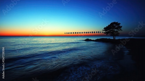 Stunning Sunset Over Calm Ocean with Silhouette of a Tree on the Shoreline
