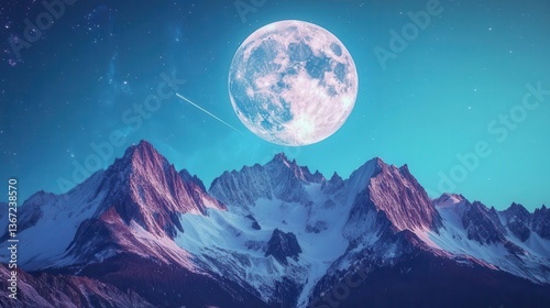 Majestic Snow-Capped Mountains Under a Full Moon and Twinkling Stars at Night
